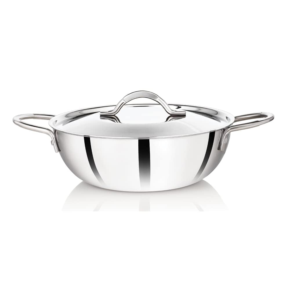 Premier Triply Clad Stainless Steel Kadai 30 Cm | Deep Fry & Curry Pan | Food Grade 18/8 Steel | Induction & Lpg Compatible | Ev