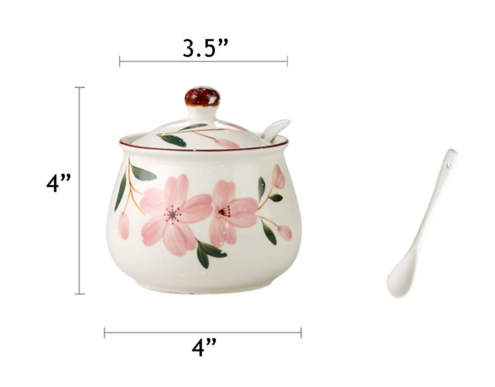 Ceramic Japanese Hand Painted Flower Sugar Bowl Seasoning Jar With Lid Spoon