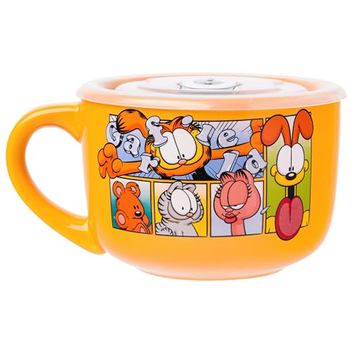 Silver Buffalo Garfield Never Trust A Smiling Cat Ceramic Soup Mug With Vented Plastic Lid, 24 Ounces