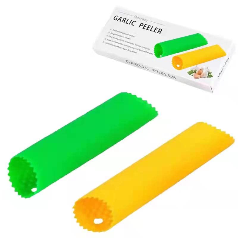 [Upgraded Version] Maxracy 2 Set Peeler Silicone Easy Roll Tube Useful Garlic Odorfree Kitchen Tool (Yellow,Green)