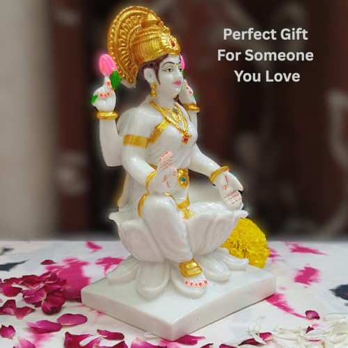 Apnimarket Marble Dust Laxmi Mata Murti Figurine, Standard, Goddess Mahalakshmi Statue-White 7