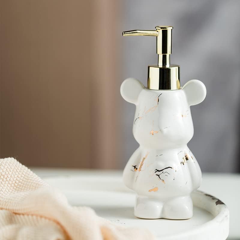 Small Bathroom Soap Dispenser With Pump, Cute Bear-Shaped Design, Ceramic Liquid Soap Dispenser (Marble White)