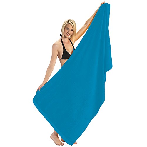 Heavy Weight Jumbo Size Dobby Hem Velour Beach Towel (Aqua)