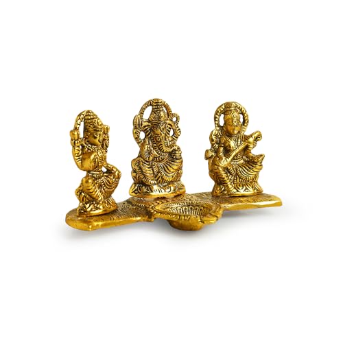 Exclusivelane Laxmi Ganesh & Saraswati Idol Showpiece Figurine With Diya (3.7 Inch, Metal) | Handcrafted For Home Dcor And Poo