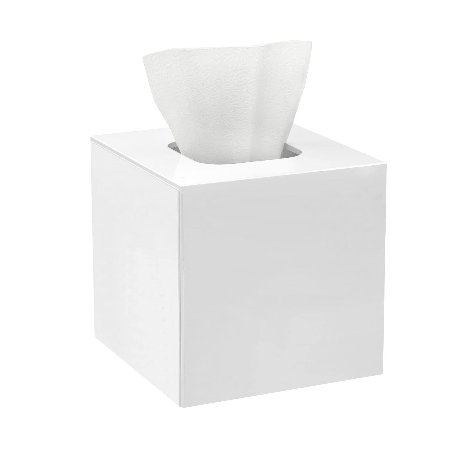 HBlife Acrylic Tissue Box Cover Square with Magnetic Bottom, 2-in-1 Dryer Sheet & Mask Holder for Bathroom, Office, Car - White,