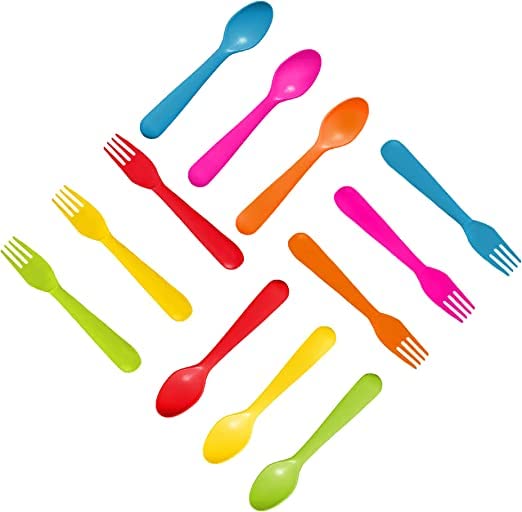 PLASKIDY Plastic Toddler Utensils Set of 12 Kids Utensils Forks and Spoons - BPA FREE/Dishwasher Safe Toddlers Silverware Set Br