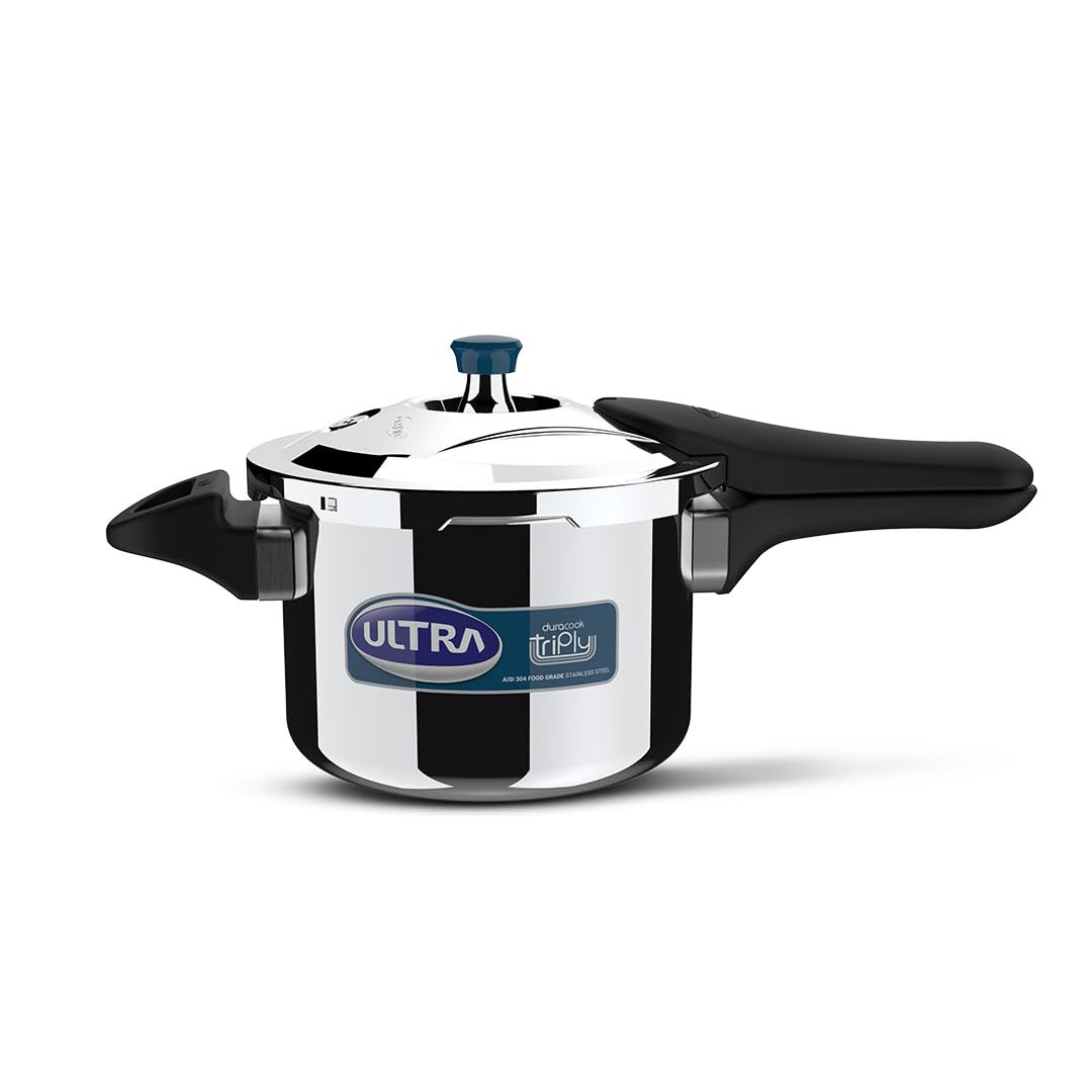 Ultra Duracook Triply Pressure Cooker 3 Litre | Aisi 304 Food Grade Stainless Steel Cooker | 5 Years Warranty | Injection Moulde