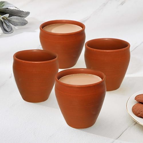 Pure Source India Clay Tea Kulhad Coffee Mugs  4 Pieces, Brown, 200Ml