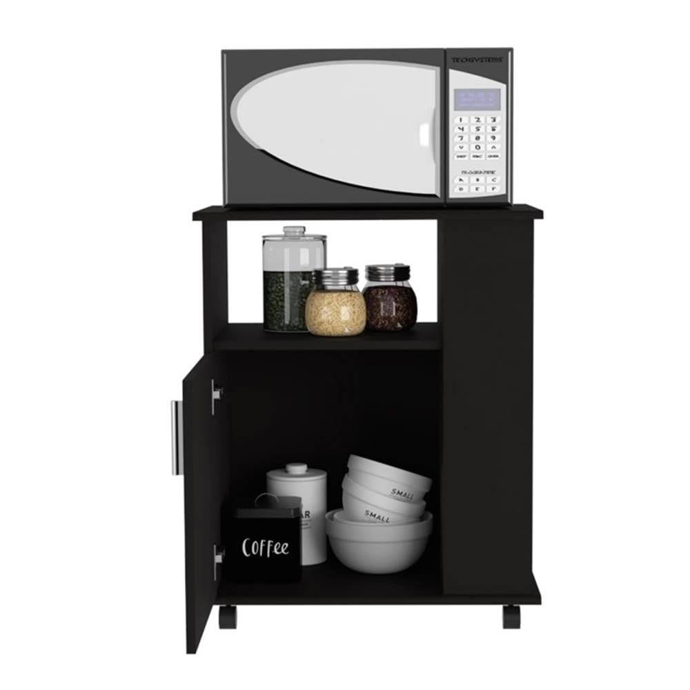 TUHOME Kit Lower Microwave Cabinet  One-Door Cabinet  Three Lateral Shelves  Two Internal Shelves  Countertop For Microwave  Black  For Kitchen Room