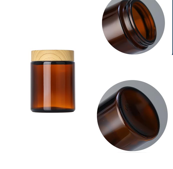 4Pcs 100G Amber Glass Cream Jars,Empty Refillable Cosmetic Containers Pot With Wood Grain Lids For Lotion,Cream,Lip Balm,Eye Cre