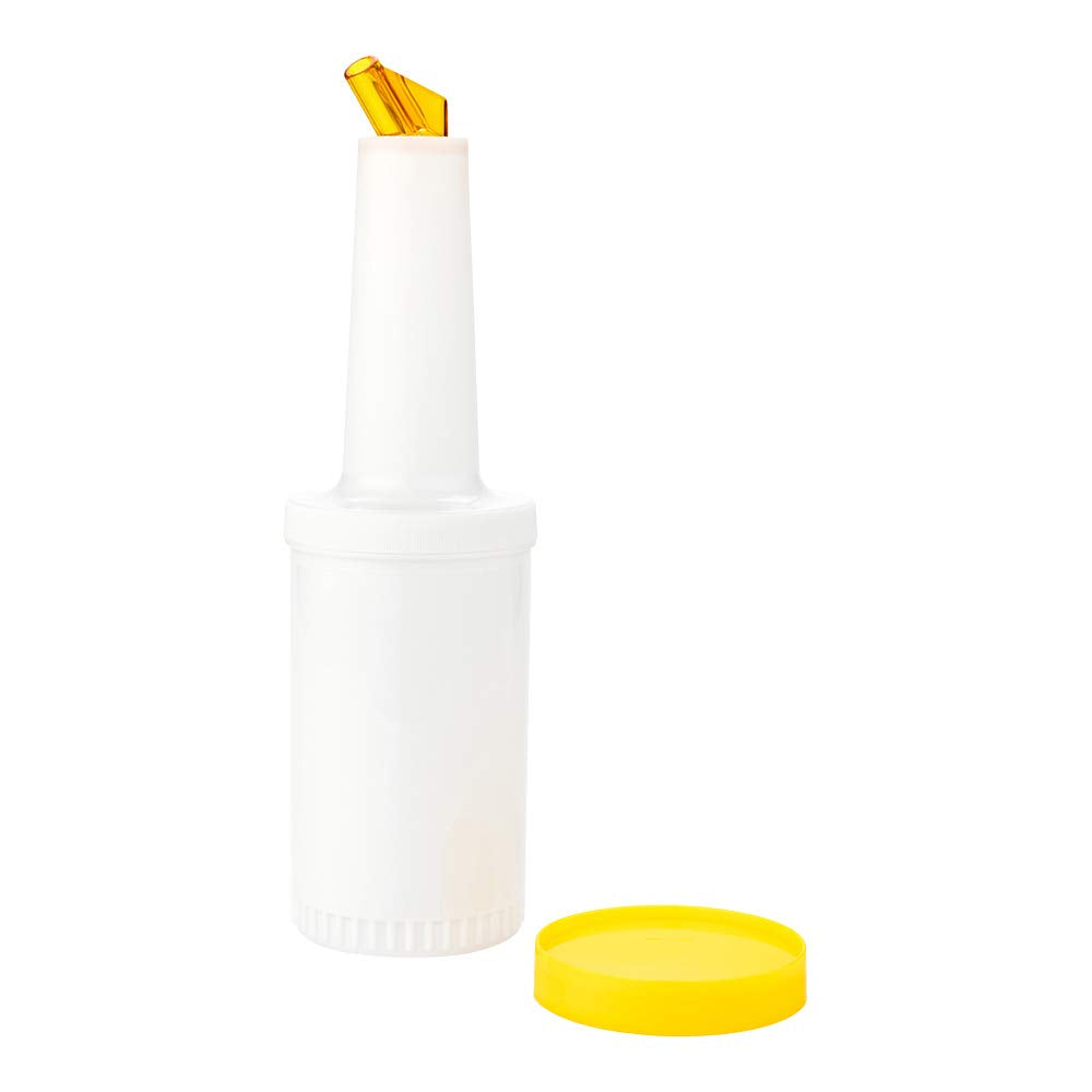 Restaurantware 1 Qt Plastic Quick Pour Storage Container Bottle - With Yellow Spout And Lid - Bar Storage Bottle - 3 1/2'' X 3 1