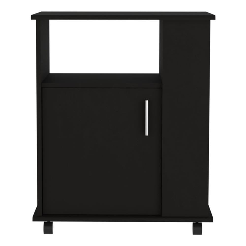 TUHOME Kit Lower Microwave Cabinet  One-Door Cabinet  Three Lateral Shelves  Two Internal Shelves  Countertop For Microwave  Black  For Kitchen Room