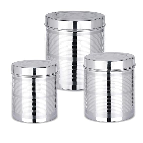 Vomi Stainless Steel (Set Of 3) Canisters Containers Dabba With Lid For Kitchen Storage (850,1200,1400 Gms.)