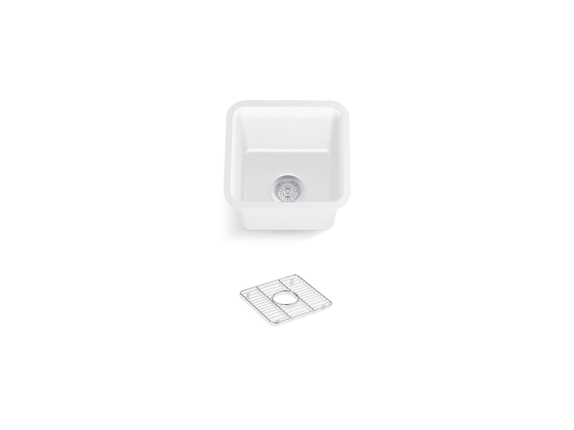 KOHLER K-8223-CM6 Cairn 15.5 Neoroc Composite Undermount Single-Bowl Bar Sink, Composite Bar Sink with Sink Rack, Matte White