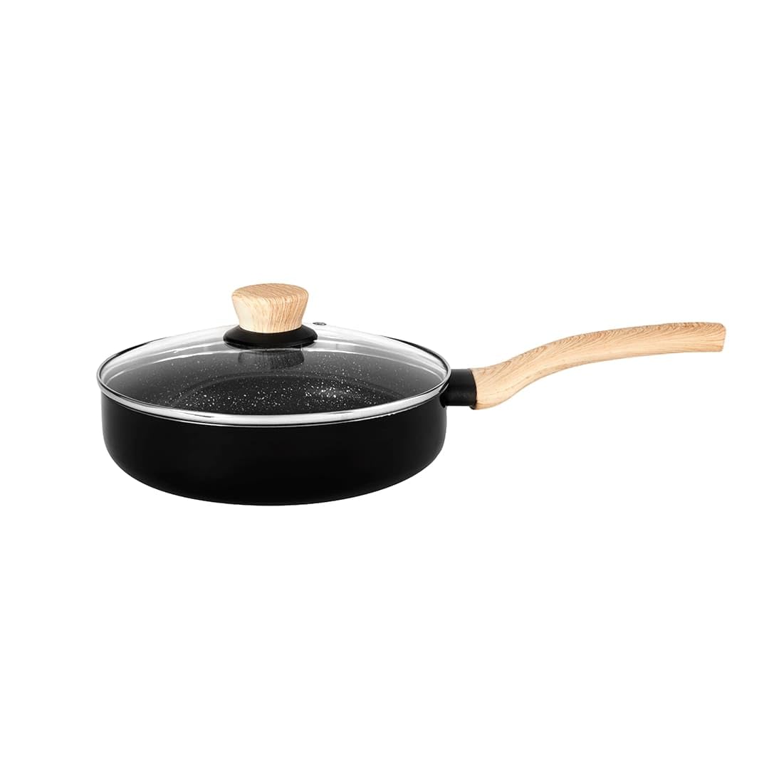 Bergner Bellini Plus Aura 5-Layer Non-Stick 20 Cm Deep Frypan With Glass Lid, 1.8 Litres Frying Pan With Soft Touch Wooden Finis