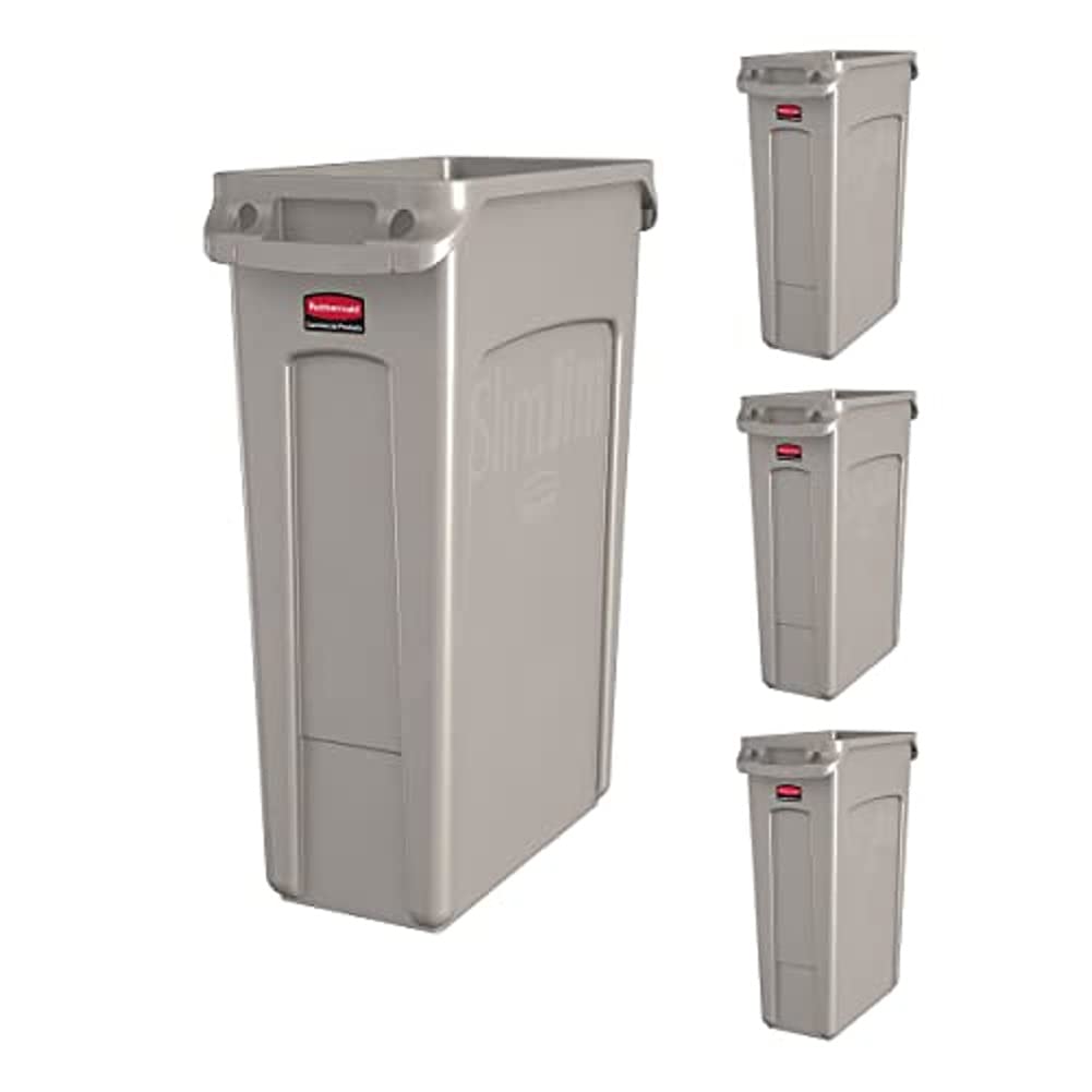 Rubbermaid Commercial Products Slim Jim Plastic Rectangular Trash/Garbage Can/Bin With Venting Channels, 23 Gal, Beige, For Kitc