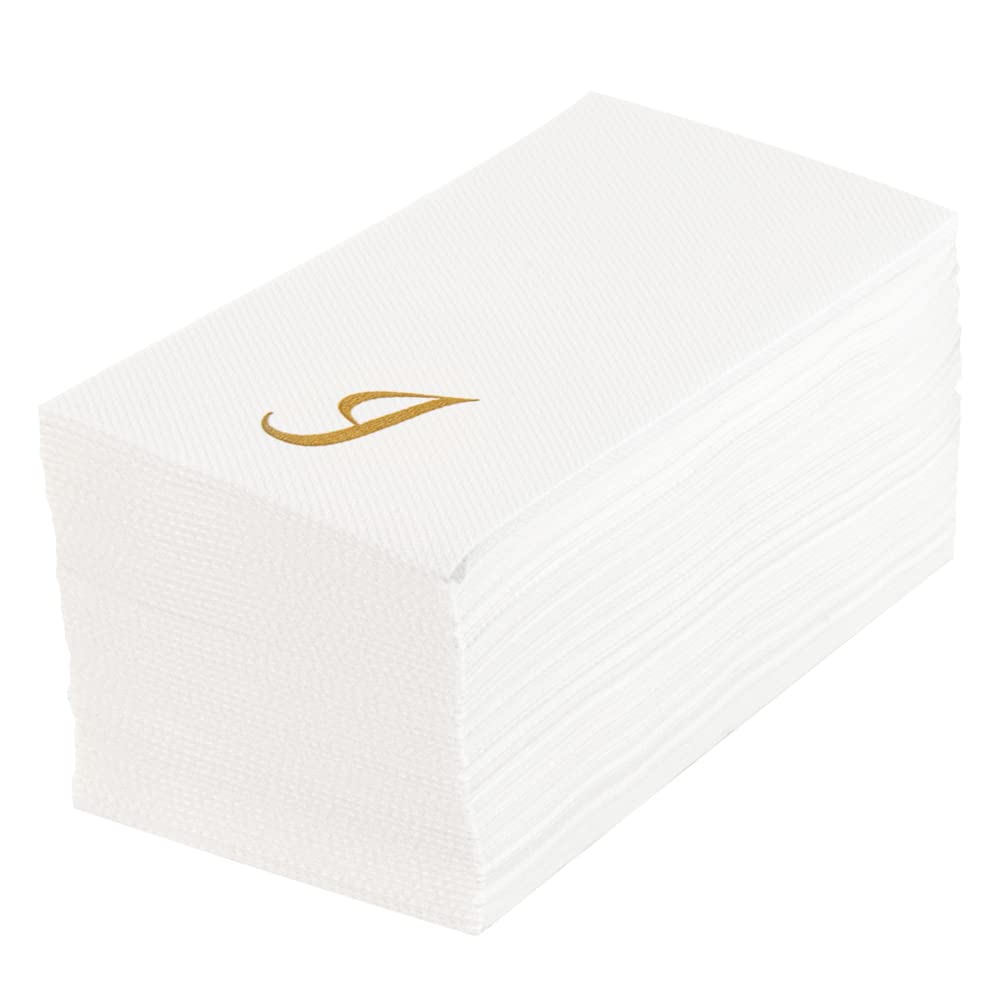 Luxenap 15.8 X 7.9 Inch Linen-Feel Guest Towels, 50 Lettered Hand Towels - Gold Letter 'I', Cursive Font, White Paper Dinner Nap