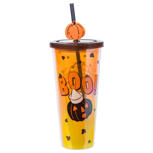 Silver Buffalo Disney Winnie the Pooh Spooky Witch Halloween Plastic Cold Cup with Lid and Festive Jack-O-Lantern Straw Topper,