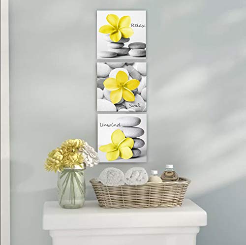 Genius Decor-Modern Yellow Gray Bathroom Wall Art Decor Zen Flowers Pictures Canvas Print Relax Soak Unwind Set Of 3 (Yellow Gra
