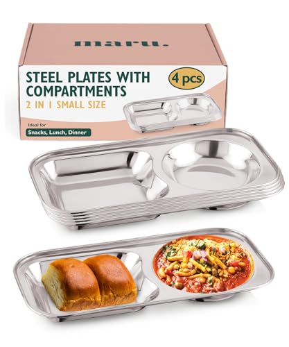 Maru Small Stainless Steel Snacks Plate With Compartments Set Of 42 In 1 Divided Rectangle Thali For Breakfast, Snacks & Small 