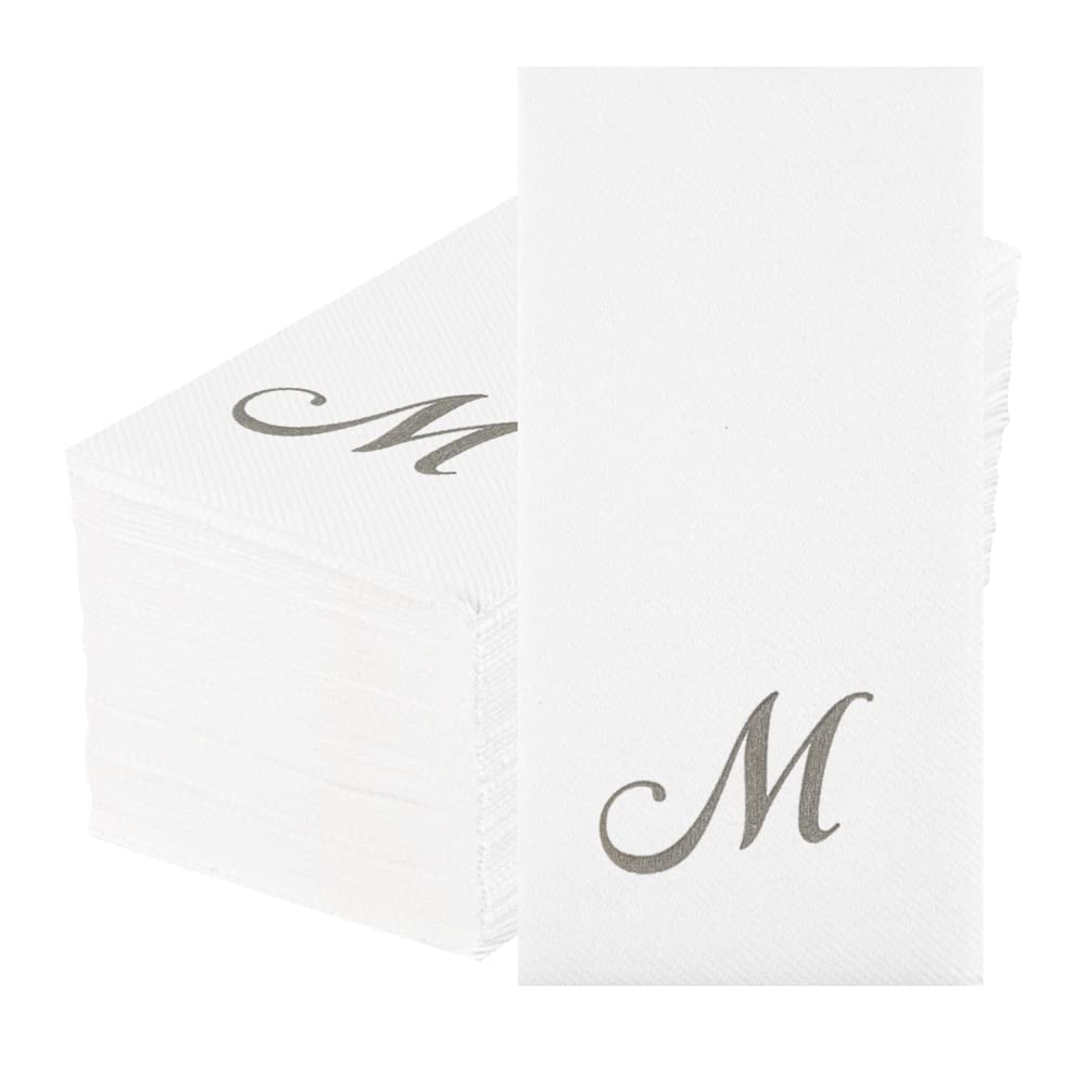 Luxenap 15.8 X 7.9 Inch Linen-Feel Guest Towels, 2000 Lettered Hand Towels - Silver Letter 'M', Cursive Font, White Paper Dinner