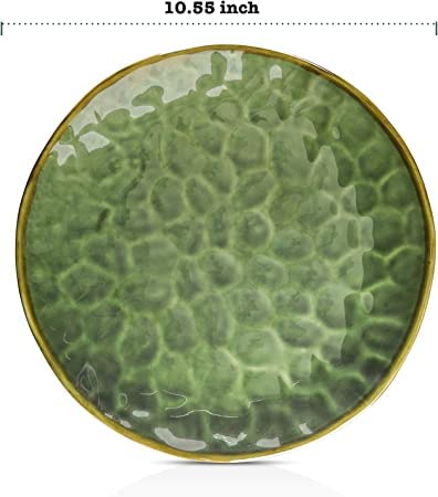 vicrays Ceramic Dinner Plates Set  10.5 Inch  Set of 6  Round  Microwave  Oven  Dishwasher Safe  Scratch Resistant  Porcelain Fluted Suitable for Steak  Pasta  Pizza  Home  Party  Restaurant  Green