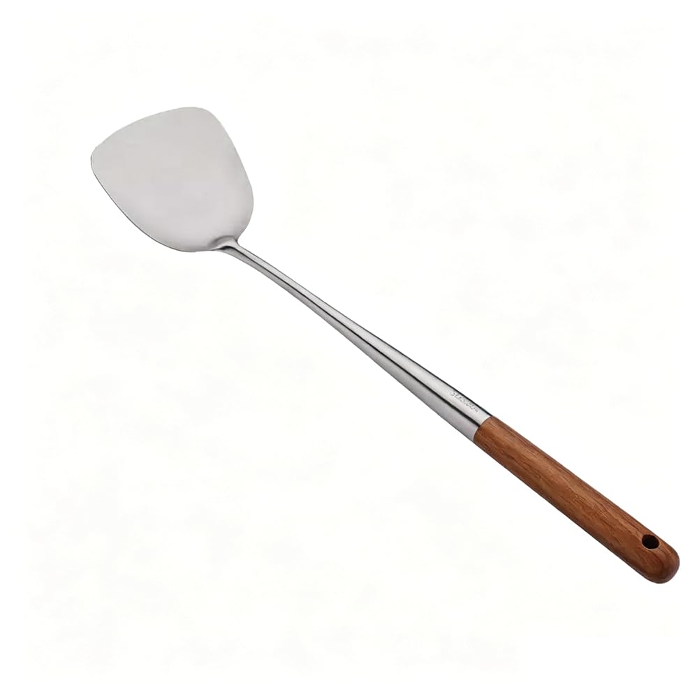 Chinese Wok Spatula, 304 Stainless Steel Spatula with Heat Resistant Wooden Handle Wok Utensils,17Inch Silver