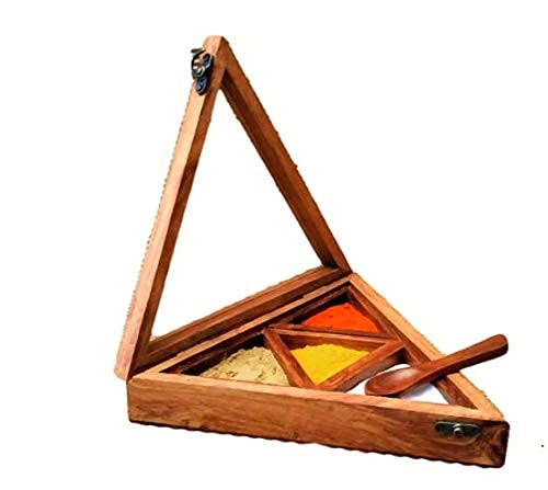 Iska Wooden Pyramid Table Top Masala Dabba Containers Jars Cum Kitchen Spice Box With Spoon (Brown)