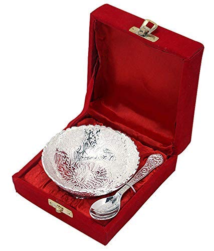 Rastogi Handicrafts Aluminium -Silver Plated Small Bowl Set With Spoon Size - 3.5 Inch Diameter Bowl, Capacity -100 Ml /3.38 Oz