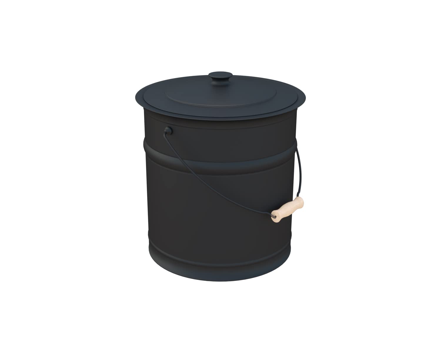 Plow & Hearth 3 Gallon Black Large Ash Bucket With Lid And Wood Handle | 28 Gauge Galvanized Iron Metal | Double Bottom | Tool F