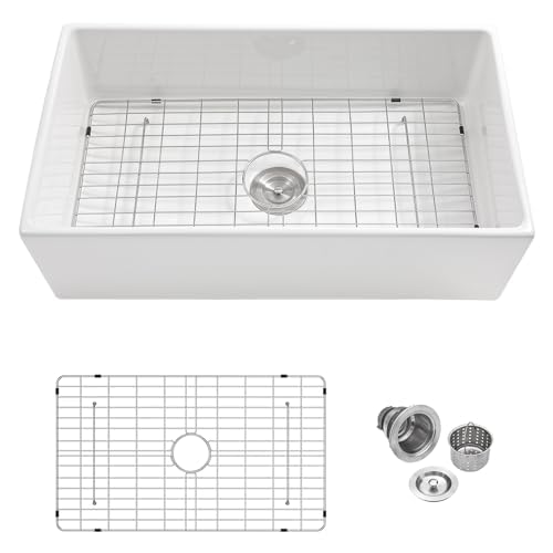 Logmey 36 Inch White Farmhouse Apron Front Kitchen Sink 36 x 20 x 10 Inch Single Bowl Undermount White Fireclay Ceramic Farm Sin
