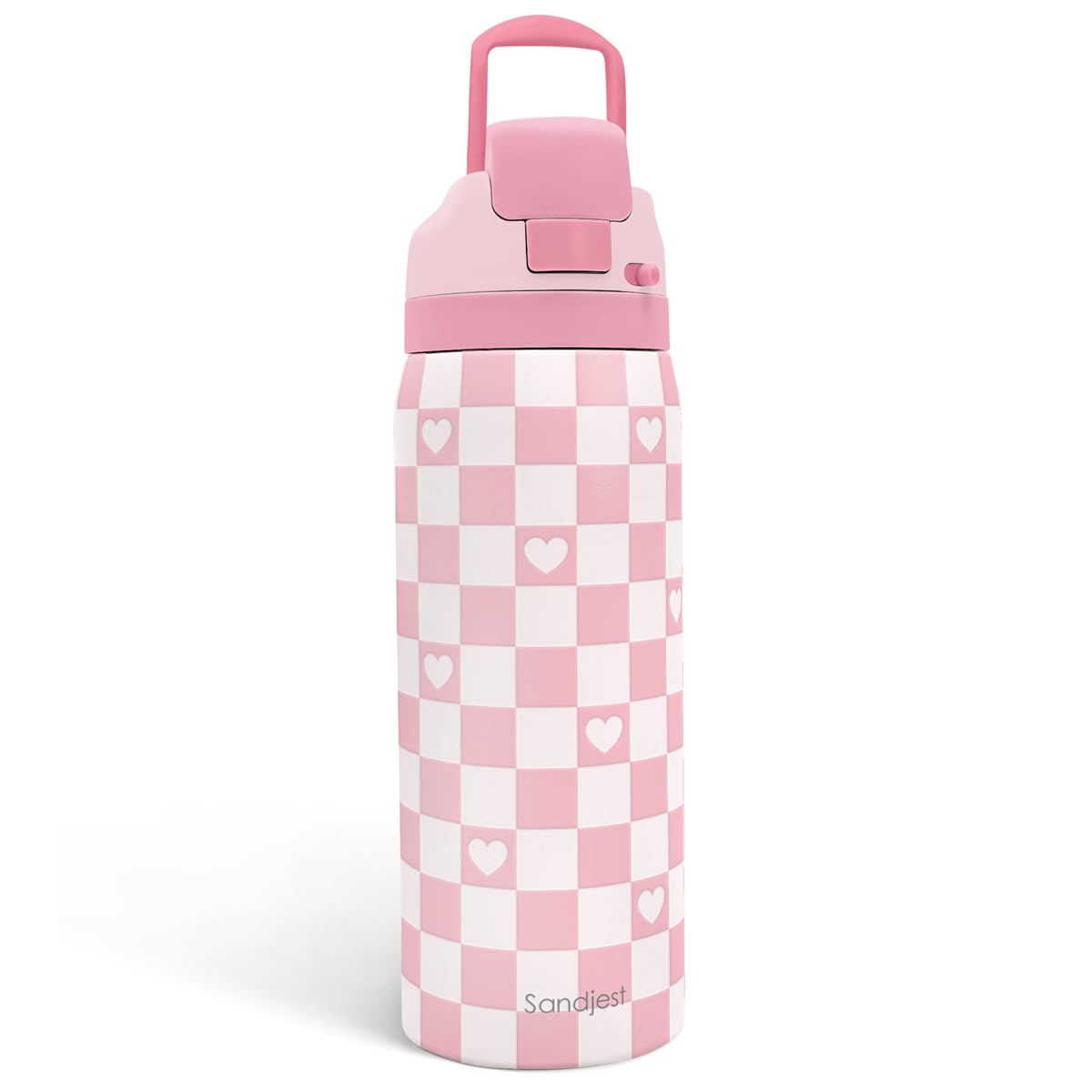 Checkered Heart Insulated Stainless Steel Water Bottle with Straw for Sports and Travel, 32oz, Gifts for Women Girls Friends Tee