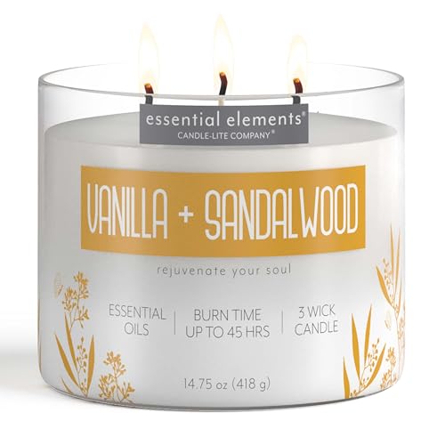 Essential Elements by Candle-lite Scented Candles, Vanilla & Sandalwood Fragrance, One 14.75 oz. Three-Wick Aromatherapy Candle