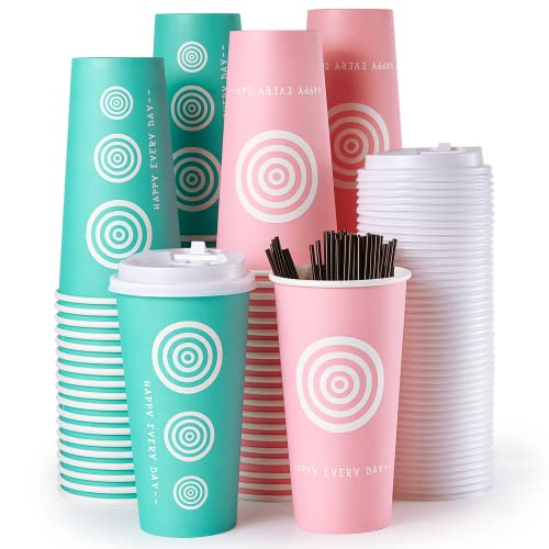 JollyPack 20 oz Paper Cups  100 Pack Disposable Coffee Cups with Lids and Stirrers  Hot Paper Cups for Cold/Hot Coffee  Juice  Tea. To Go Coffee Cups for Home  Store and Cafe (Pink and Green)