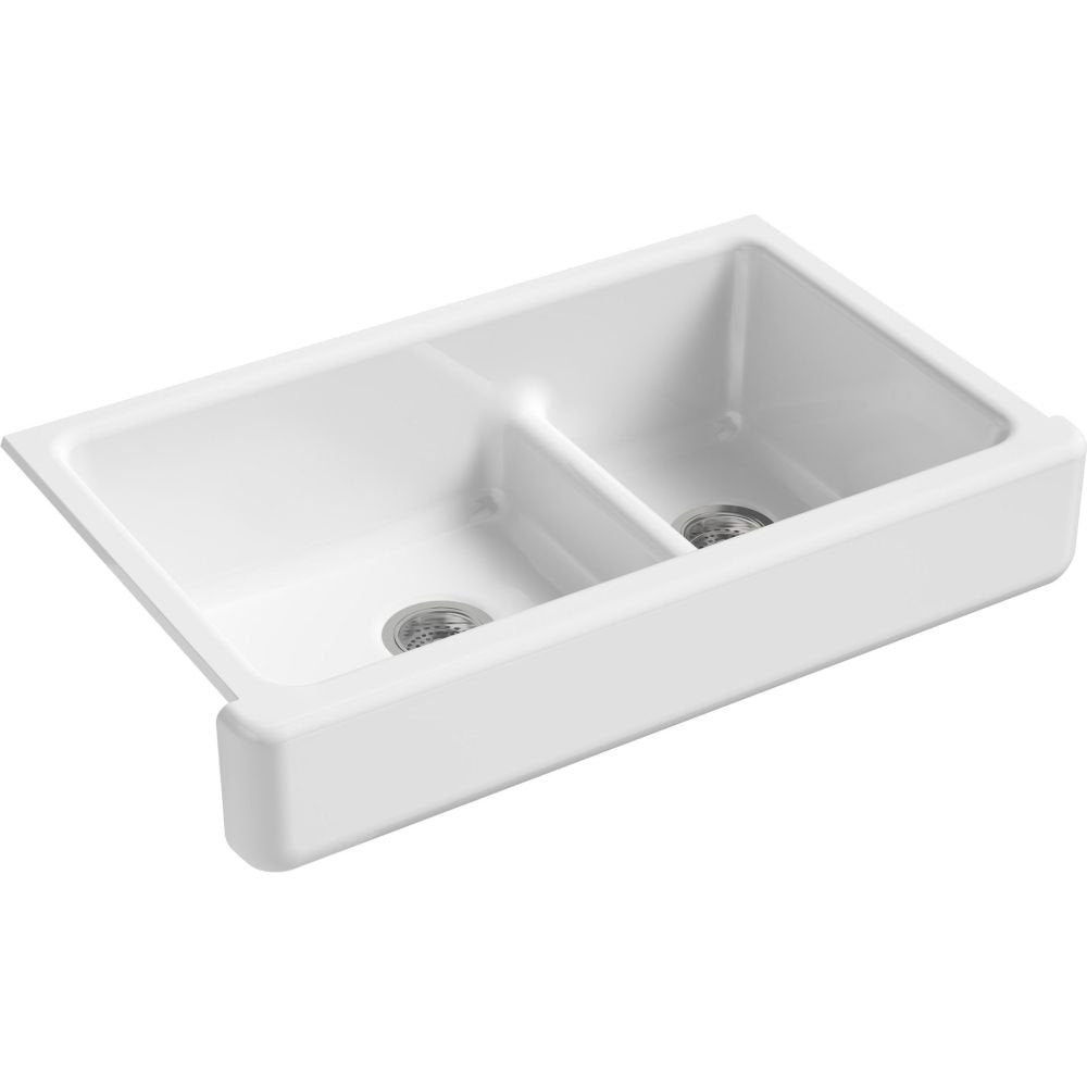 KOHLER Whitehaven Farmhouse Self-Trimming Apron Front Cast Iron Sink, Double Bowl with Short Apron, 36 Inch, Black