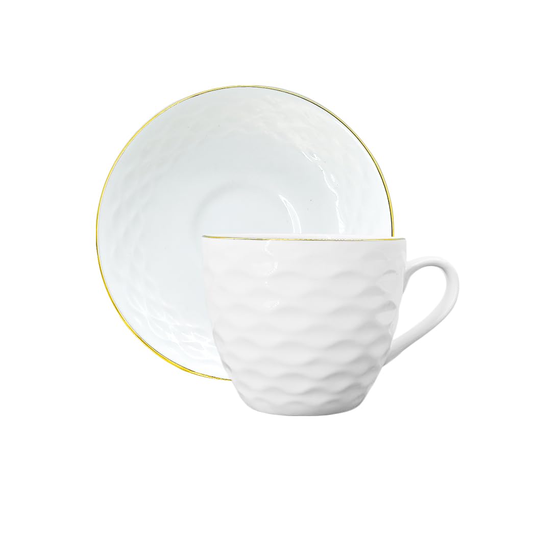 Femora Indian Ceramic Gold Line Wave Ripple Pattern White Tea Cups, Mugs And Saucer200 Ml  Set Of 6 (6 Cups, 6 Saucer)