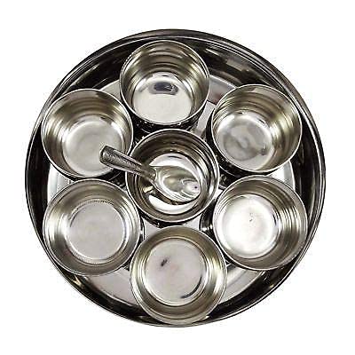 Servezee Stainless Steel Round Shape Masala (Spice) Box/Dabba/Organiser With 7 Steel Containers & Small Steel Spoon