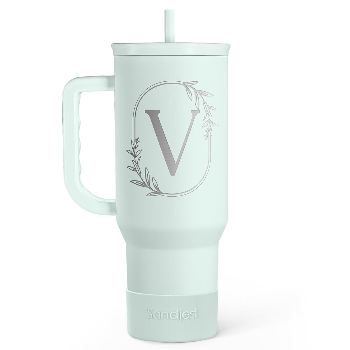 Personalized Monogrammed Tumbler with Handle 40oz, Letter V Tumblers Insulated Coffee Travel Cup, Custom Initial Gift for Women 