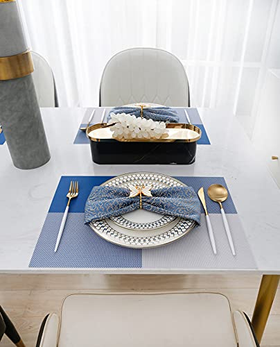 Createshao Pvc Vinyl Red Striped Placemat Woven Placemats Rectangular Place Mat Washable Table Mats (6 Pcs, A2- Blue White Latti