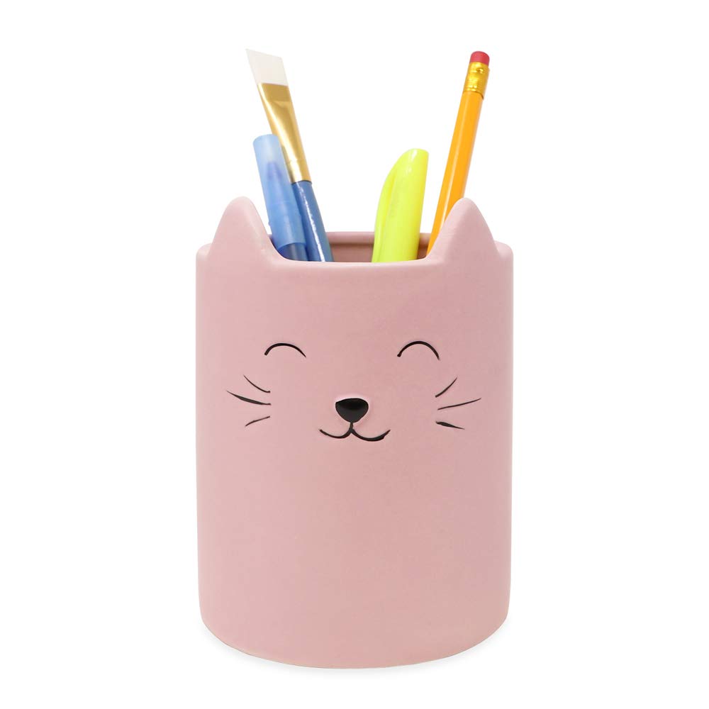 Isaac Jacobs Pink Ceramic Cat Makeup Brush Holder, Multi-Purpose Cup Organizer. Bathroom, Kitchen, Bedroom, Office D  Cor (Singl