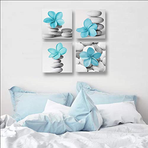 Genius Decor-Modern Bathroom Wall Art Blue Grey Zen Flowers And Pebble Stone Aqua Bedroom Canvas Art For Decoration (Blue)