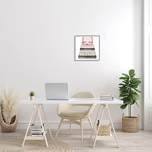 Stupell Industries Watercolor High Fashion Bookstack Padded Pink Bag  Design by Amanda Greenwood Wall Art  17 x 17  Gray Framed