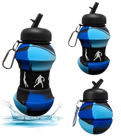 Jukusa Basketball Design Collapsible Water Bottle 550Ml. | Bpa-Free Silicone, Leak-Proof Spout, Food Grade, With Carabiner Clip 