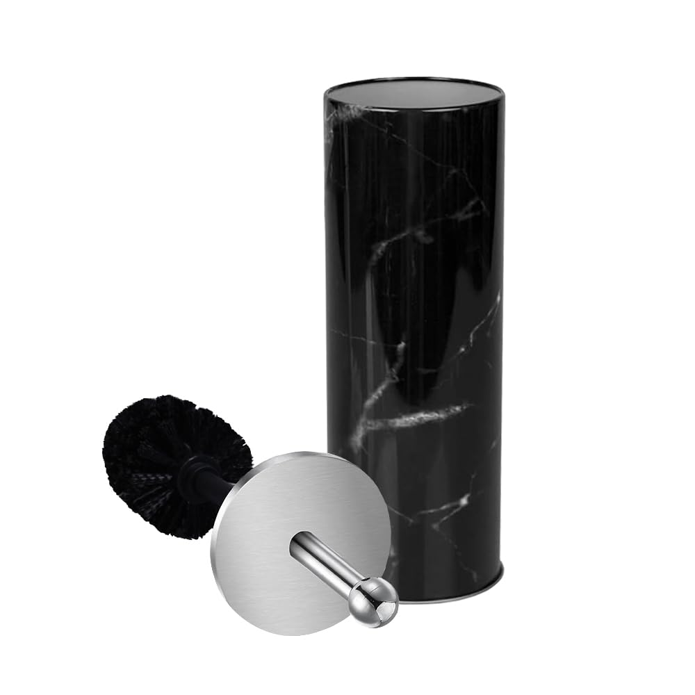 Zahari Home Marble Toilet Bowl Brush And Holder, Black, Metal