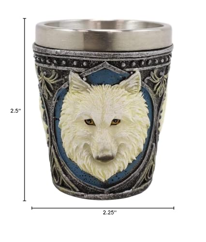 Ebros Pack Of 2 Full Moon Mythical Animal Spirit Gray And White Alpha Wolf Themed 2-Ounce Shot Glass Resin Housing With Stainless Steel Liners Wolves or Timberwolves Themed Souvenirs Favors
