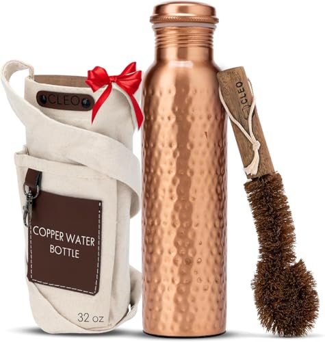 Ava Designz Cleo Home (32 Oz/950 Ml) Handcrafted Hammered100% Ayurvedic Copper Water Bottle With Cleaning Brush And Canvas Bag 