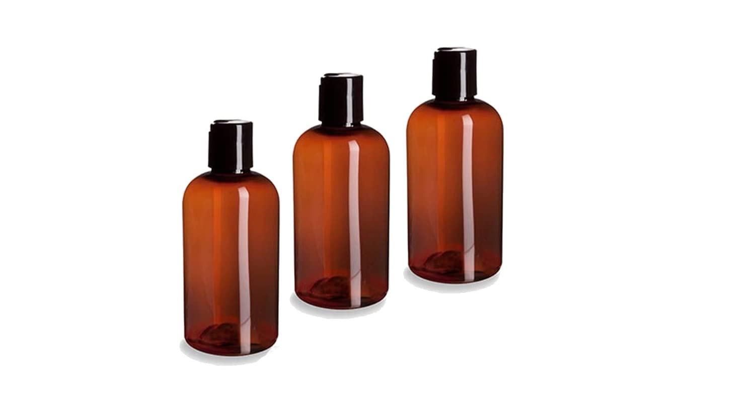 Natural Farms 3 Pack  8 oz  Amber Boston Plastic Bottles  Black Flip Top Disc Cap  for Essential Oils, Perfumes
