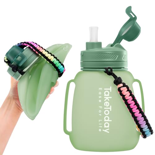 TakeToday 40 OZ Motivational Water Bottle with Straw and Paracord Handle 1.2L Silicone Sports Water Bottle with Time Marker(Green)