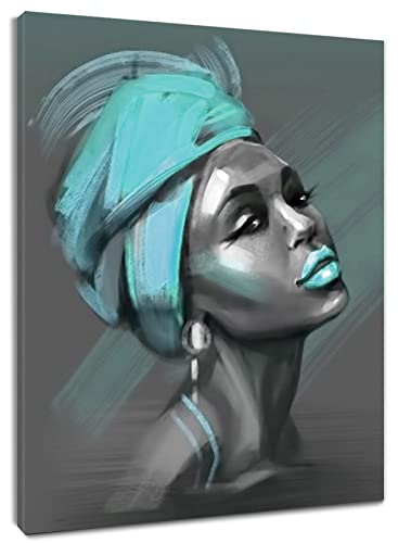 Lb African American Women Canvas Wall Art, Beauty Black Woman Teal Hair Canvas Art, Abstract Minimalist Painting Wall Decor For