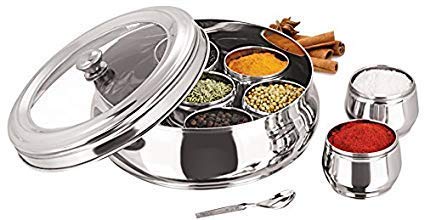 Aashita Shoppe Stainless Steel Designer Masala Spice Box With 7 Containers And Small Spoon Masala Dabba Size